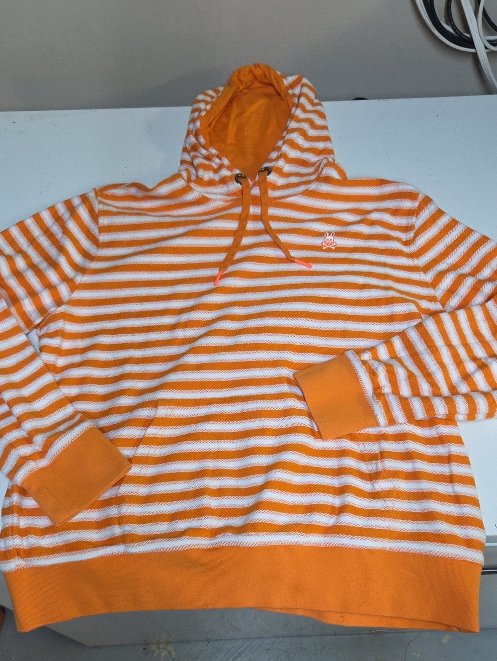 Psycho Bunny Orange and White Striped Men's Cotton Hooded Sweater Sz L